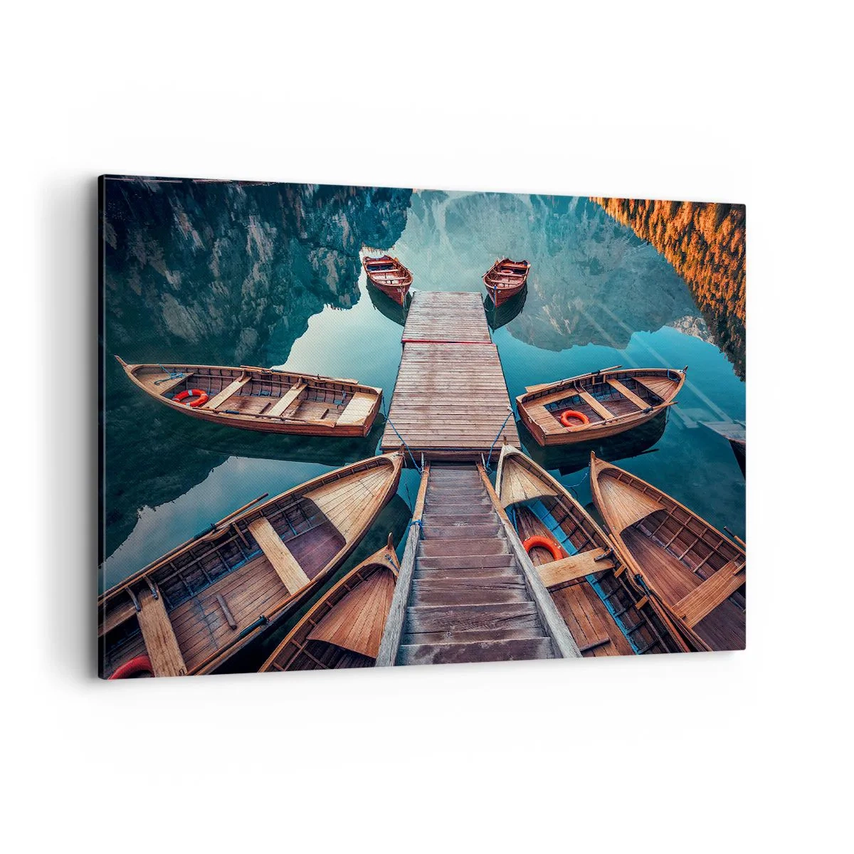 Obraz na płótnie - Drewniane łodzie przy pomoście na jeziorze górskim - 100x70cm - Czekam na przystani - Nowoczesna dekoracja ścienna do salonu, kuchni i sypialni ARTTOR
