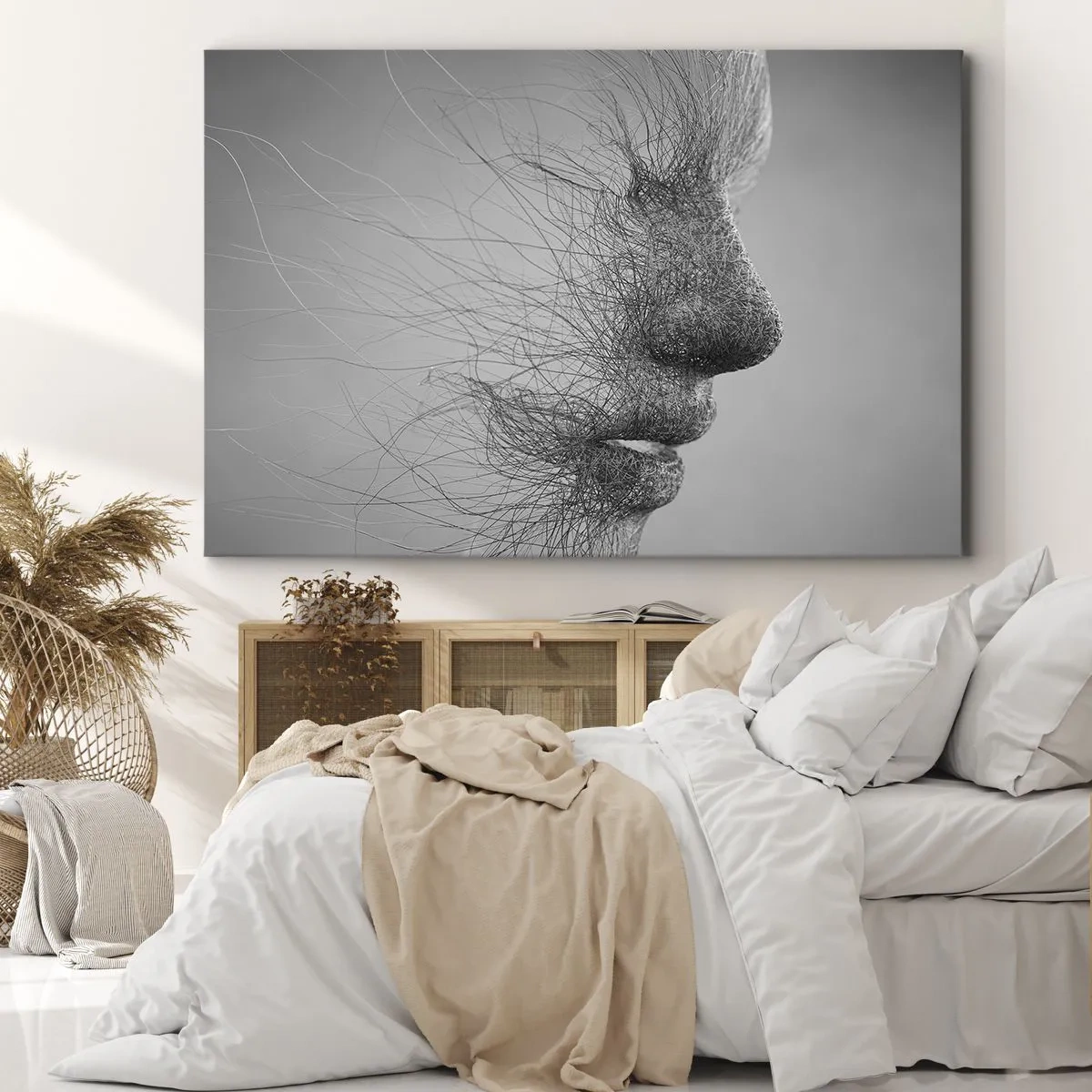 Obraz na płótnie - Artystyczny profil twarzy utworzony z delikatnych linii - 70x50cm - Duch wiatru - Nowoczesna dekoracja ścienna do salonu i sypialni ARTTOR