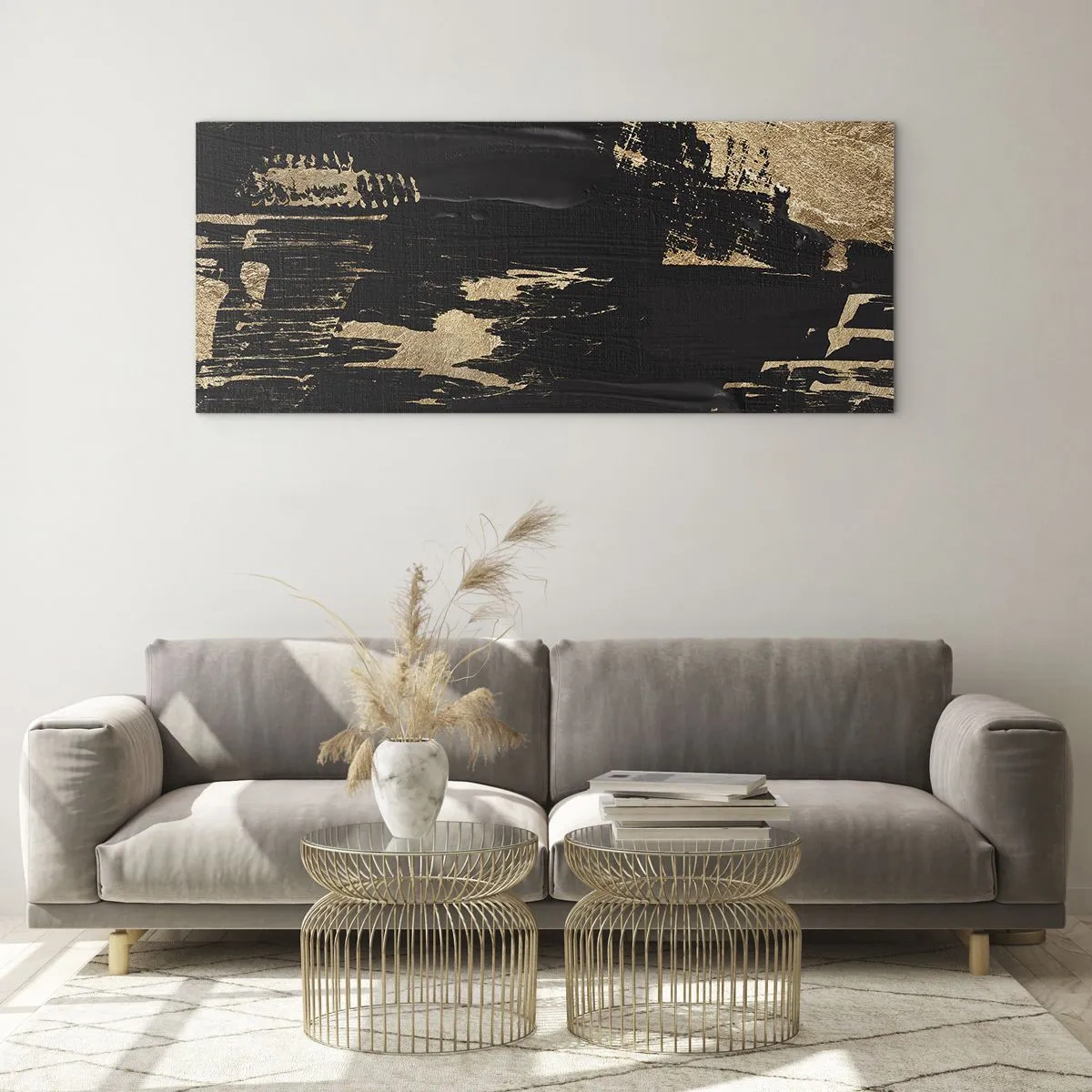 Obraz na szkle - Abstrakcyjna kompozycja w odcieniach czerni i złota - 140x50cm - Ślad dotyku - Nowoczesna dekoracja ścienna do salonu i sypialni ARTTOR