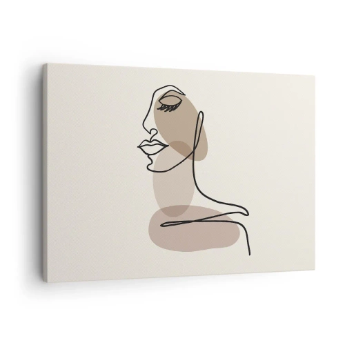 Obraz na płótnie - Minimalistyczna twarz kobiety z abstrakcyjnymi plamami - 70x50cm - Zasłuchana w siebie - Nowoczesna dekoracja ścienna do salonu i sypialni ARTTOR