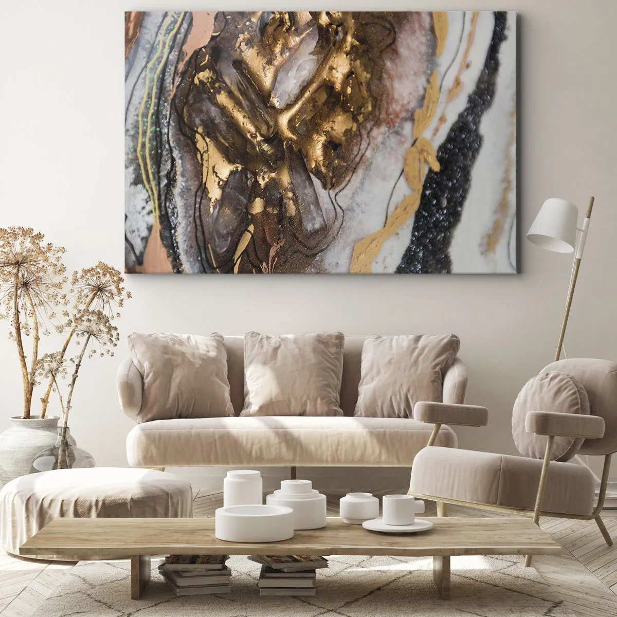 Obraz na płótnie - Abstrakcyjna kompozycja z elementami złota i kryształów - 100x70cm - Żywioł ziemi - Nowoczesna dekoracja ścienna do salonu, kuchni i sypialni ARTTOR