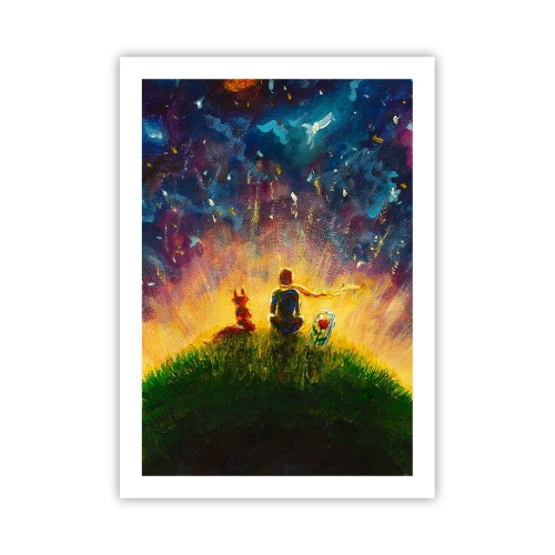 Plakat - Postacie siedzące na wzgórzu pod rozgwieżdżonym niebem - 50x70cm - Miłość i przyjaźń - cały świat - Nowoczesna dekoracja ścienna do salonu, kuchni i sypialni ARTTOR