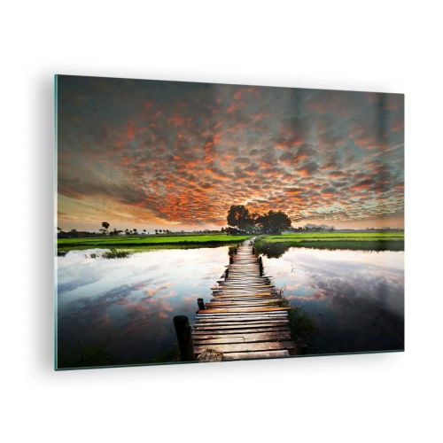 Obraz na szkle - Drewniany mostek nad rzeką przy zachodzie słońca - 70x50cm - Rozłóż ramiona - oddychaj - Nowoczesna dekoracja ścienna do salonu i sypialni ARTTOR