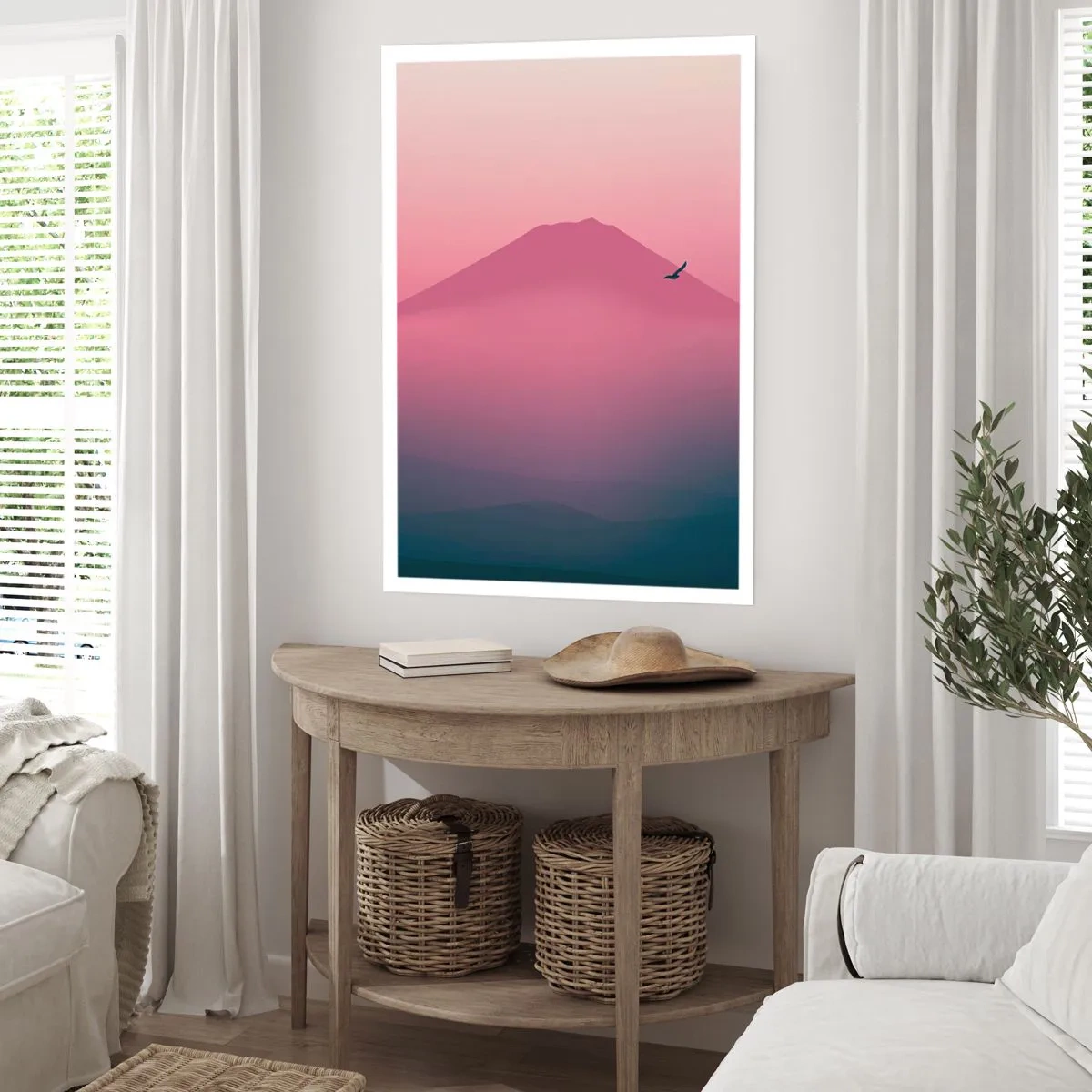 Plakat - Minimalistyczny krajobraz góry w odcieniach różu i fioletu - 50x70cm - Wędrowcy ponad chmurami - Nowoczesna dekoracja ścienna do salonu, kuchni i sypialni ARTTOR