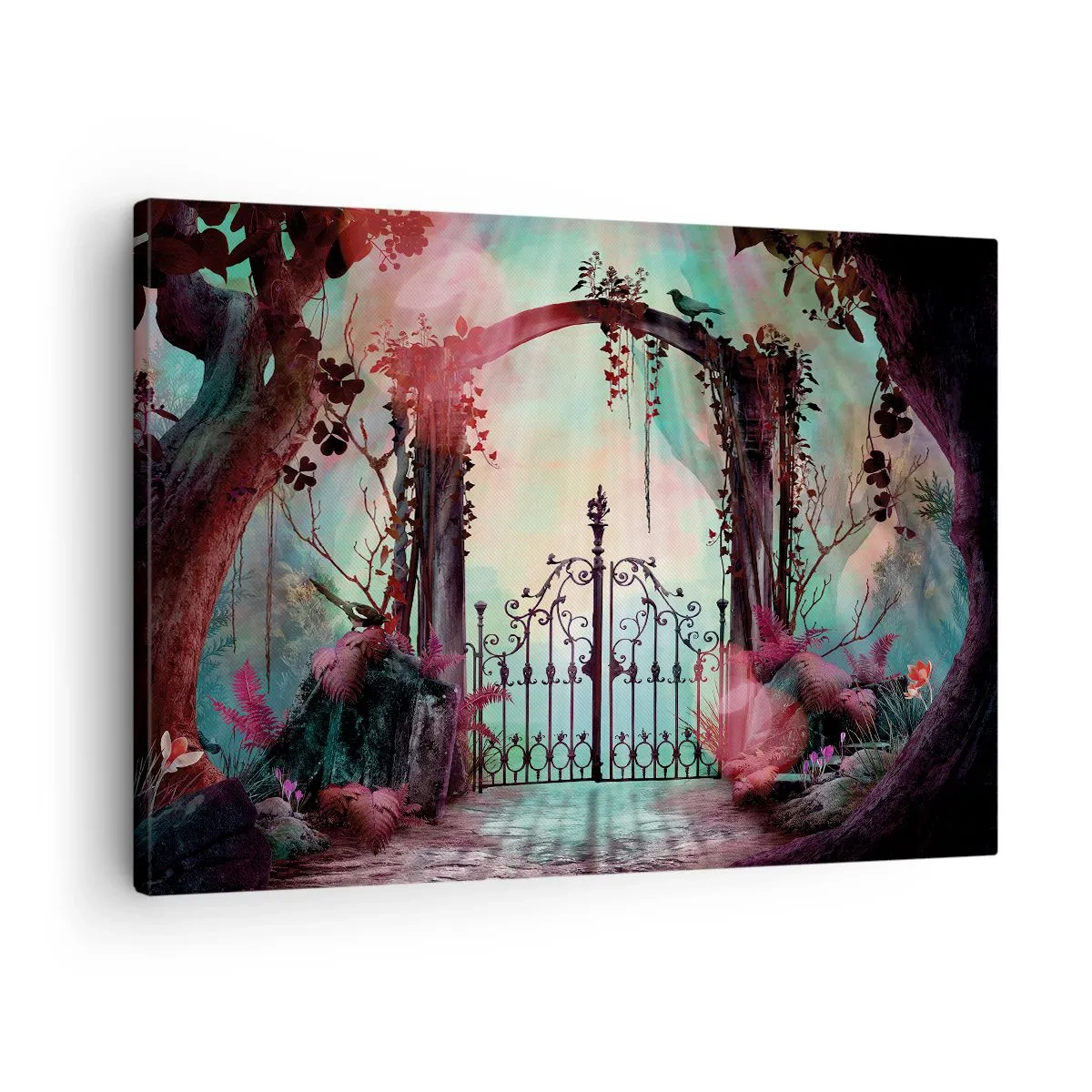 Obraz na płótnie - Magiczne wejście z kutą bramą w otoczeniu tajemniczej roślinności - 70x50cm - Tajemniczy ogród - Nowoczesna dekoracja ścienna do salonu i sypialni ARTTOR