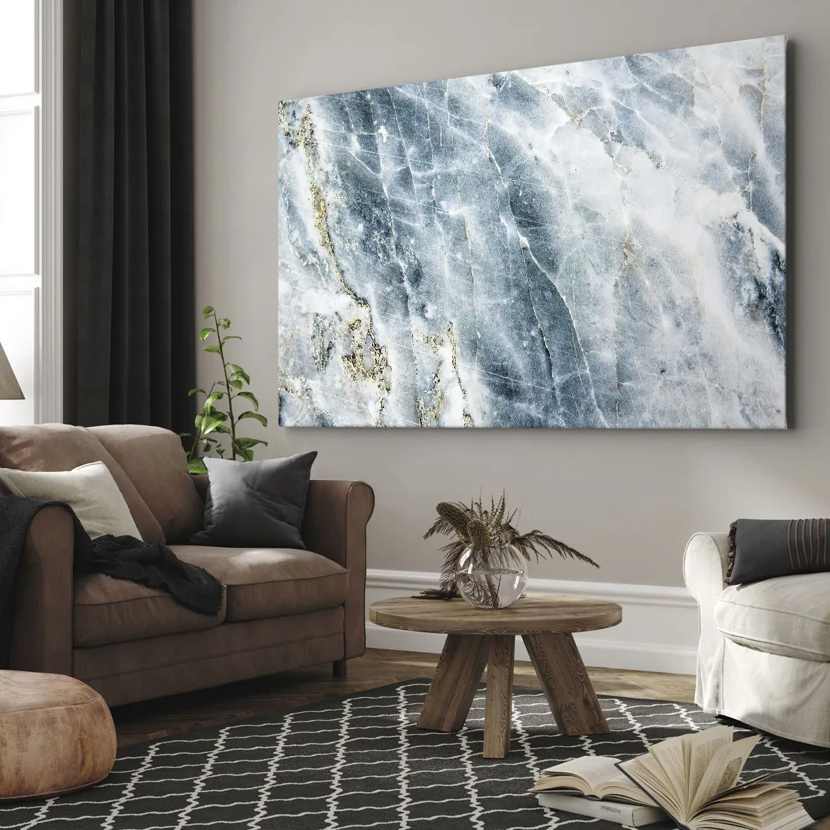 Obraz na płótnie - Tekstura marmuru w odcieniach niebieskiego i białego - 70x50cm - Lodowy świat - Nowoczesna dekoracja ścienna do salonu i sypialni ARTTOR