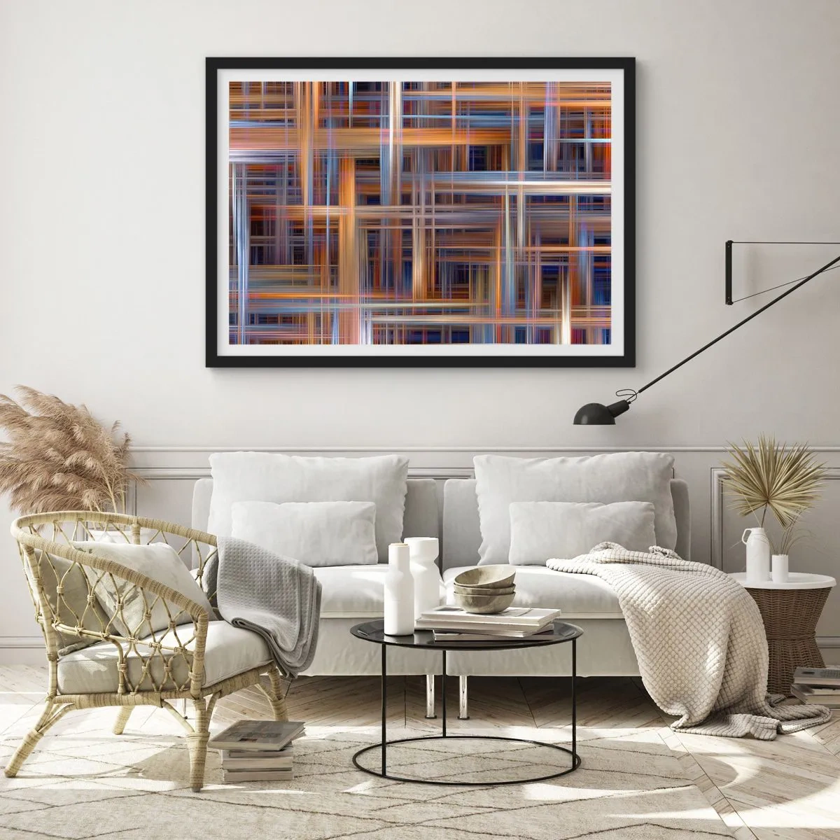 Plakat w czarnej ramie - Abstrakcyjne wzory geometryczne w pastelowych barwach - 70x50cm - Utkane ze światła - Nowoczesna dekoracja ścienna do salonu i sypialni ARTTOR