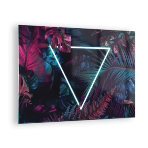 Obraz na szkle - Neonowy trójkąt w otoczeniu tropikalnych roślin w odcieniach różu i niebieskiego - 70x50cm - Ogród w stylu disco - Nowoczesna dekoracja ścienna do salonu i sypialni ARTTOR