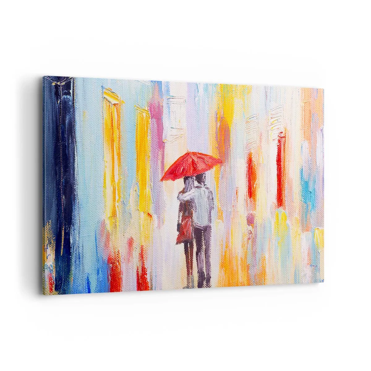 Obraz na płótnie - Para pod czerwoną parasolką na tle kolorowych budynków - 120x80cm - Niech pada dalej - Nowoczesna dekoracja ścienna do salonu, kuchni i sypialni ARTTOR