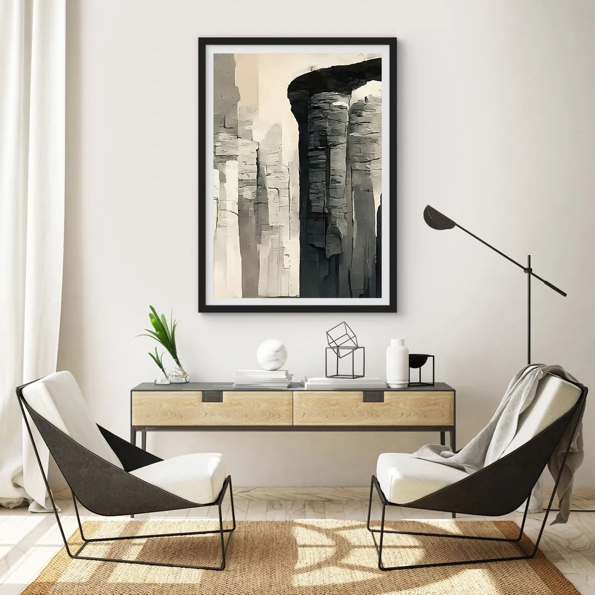 Plakat w czarnej ramie - Monumentalne formacje skalne w odcieniach szarości - 50x70cm - Majestat antyku - Nowoczesna dekoracja ścienna do salonu i sypialni ARTTOR