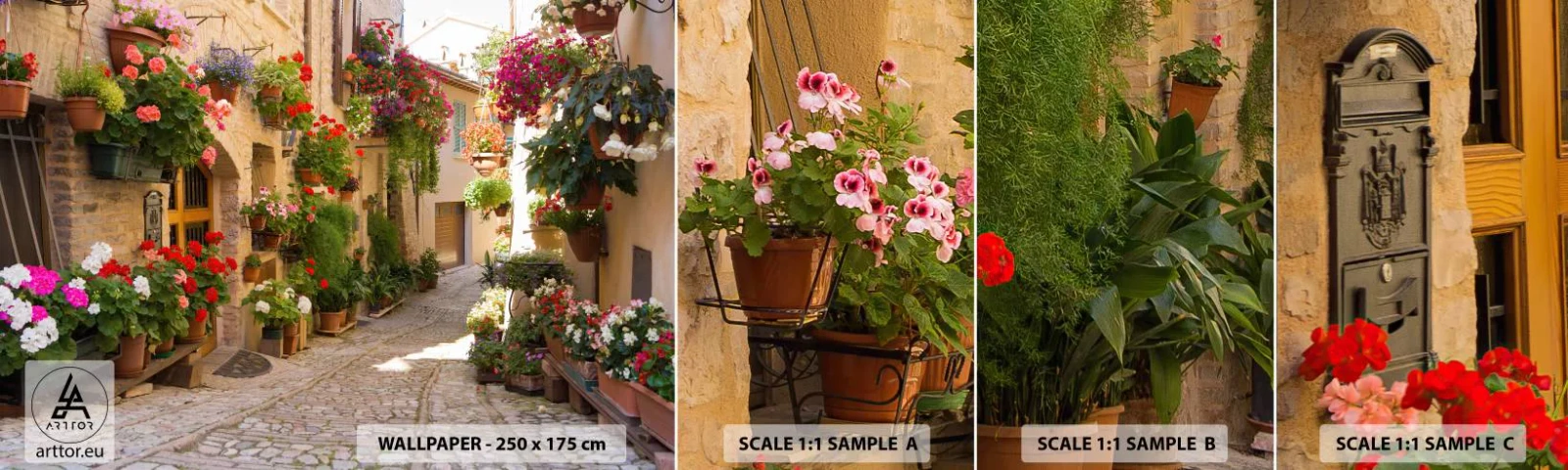 Fototapeta Próbka Samoprzylepna Deluxe Sticker - W kwiatów powodzi - Miasto, Włochy, Piękne Uliczki - 100x30 cm