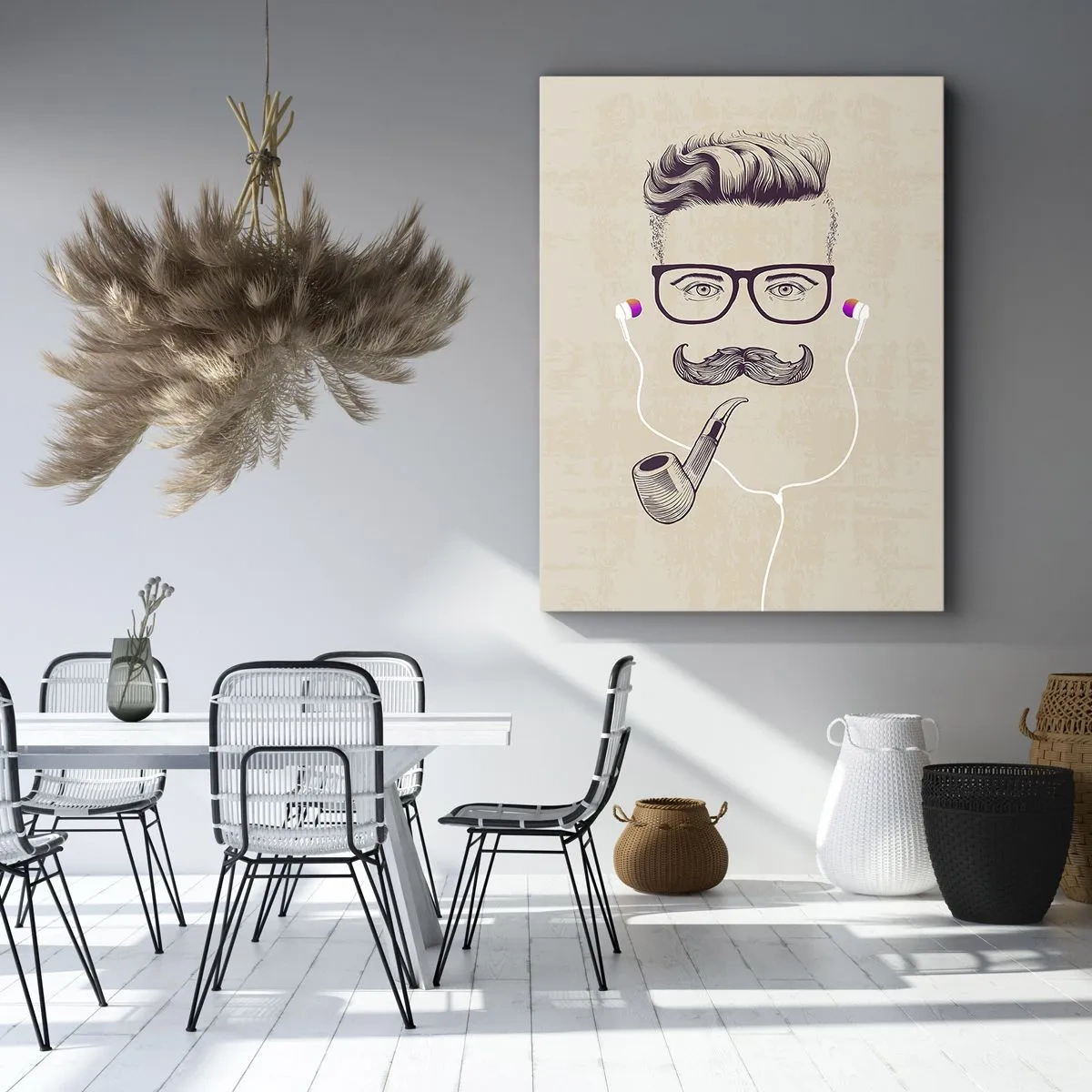Obraz na płótnie - Hipsterska ilustracja z okularami, wąsami i fajką - 50x70cm - Prawdziwy mężczyzna? - Nowoczesna dekoracja ścienna do salonu, kuchni i sypialni ARTTOR
