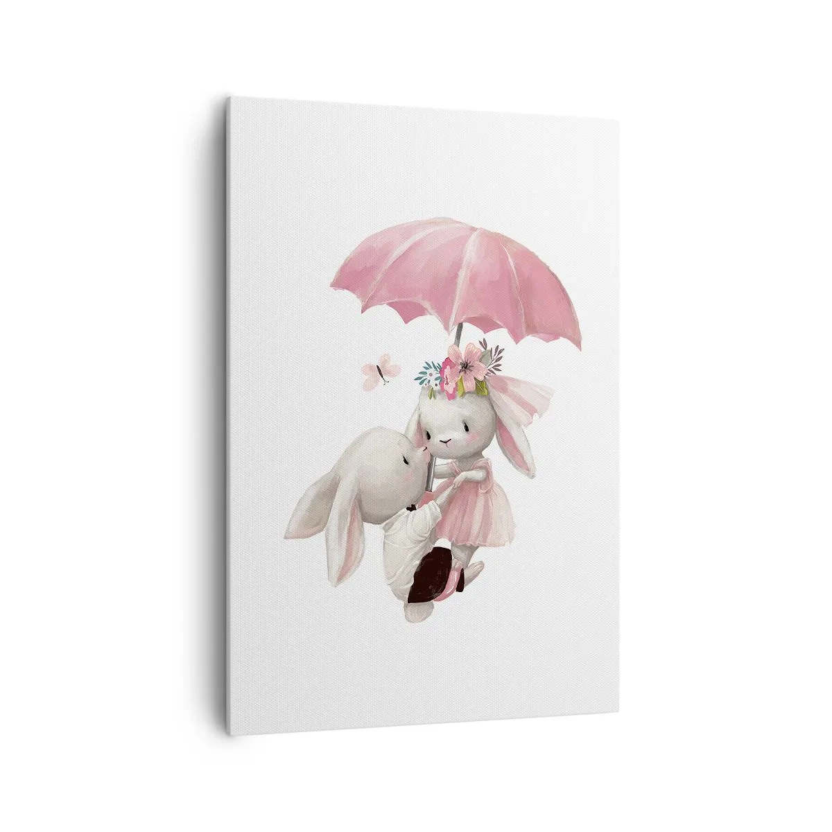 Obraz na płótnie - Urocze króliczki pod różowym parasolem - 70x100cm - To właśnie miłość - Nowoczesna dekoracja ścienna do salonu i sypialni ARTTOR