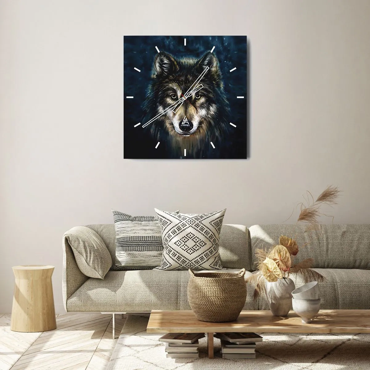 Zegar ścienny - Portret wilka na ciemnym tle w odcieniach niebieskiego - 30x30cm - Alfa? I omega - Nowoczesna dekoracja ścienna do salonu i sypialni ARTTOR