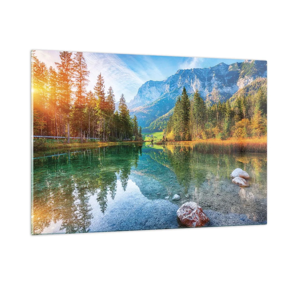 Obraz na szkle - Górskie jezioro otoczone lasem i majestatycznymi szczytami - 120x80cm - Łagodność jesieni - Nowoczesna dekoracja ścienna do salonu, kuchni i sypialni ARTTOR