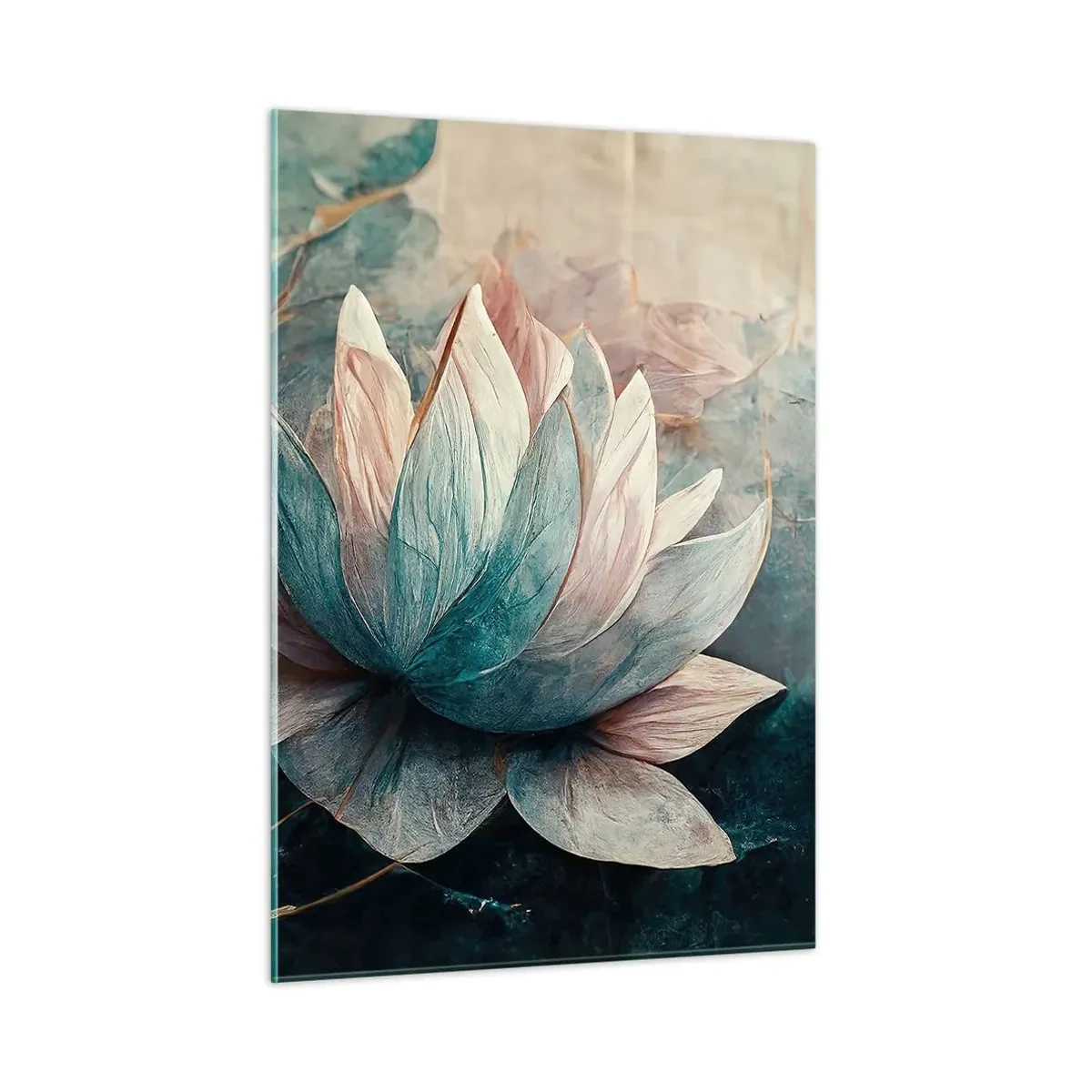 Obraz na szkle - Artystyczne przedstawienie kwiatów lotosu na tle wodnych liści - 50x70cm - Gwiazdy jeziora - Nowoczesna dekoracja ścienna do salonu, kuchni i sypialni ARTTOR