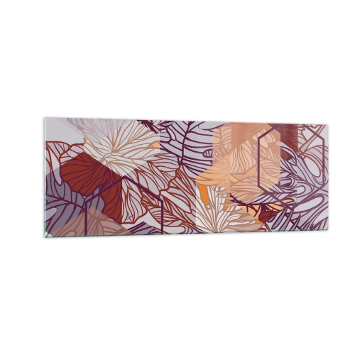 Obraz na szkle - Dekoracyjny wzór liści tropikalnych w odcieniach fioletu, pomarańczu i beżu - 140x50cm - Związek niemozliwy geometrii i natury - Nowoczesna dekoracja ścienna do salonu i sypialni ARTTOR