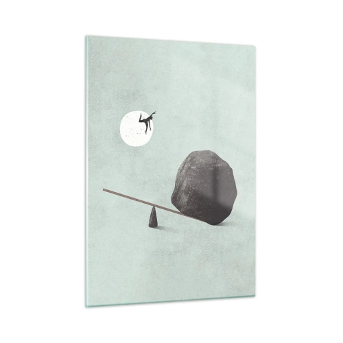 Obraz na szkle - Minimalistyczna scena z człowiekiem lecącym w stronę księżyca - 50x70cm - Spełnione marzenie - Nowoczesna dekoracja ścienna do salonu, kuchni i sypialni ARTTOR