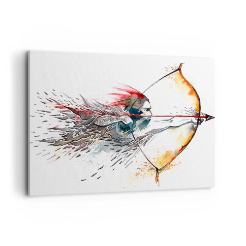 Obraz na płótnie - Dynamiczna akwarela wojownika z łukiem i strzałą - 100x70cm - Mityczny wojownik z ognistym łukiem - Nowoczesna dekoracja ścienna do salonu, kuchni i sypialni ARTTOR