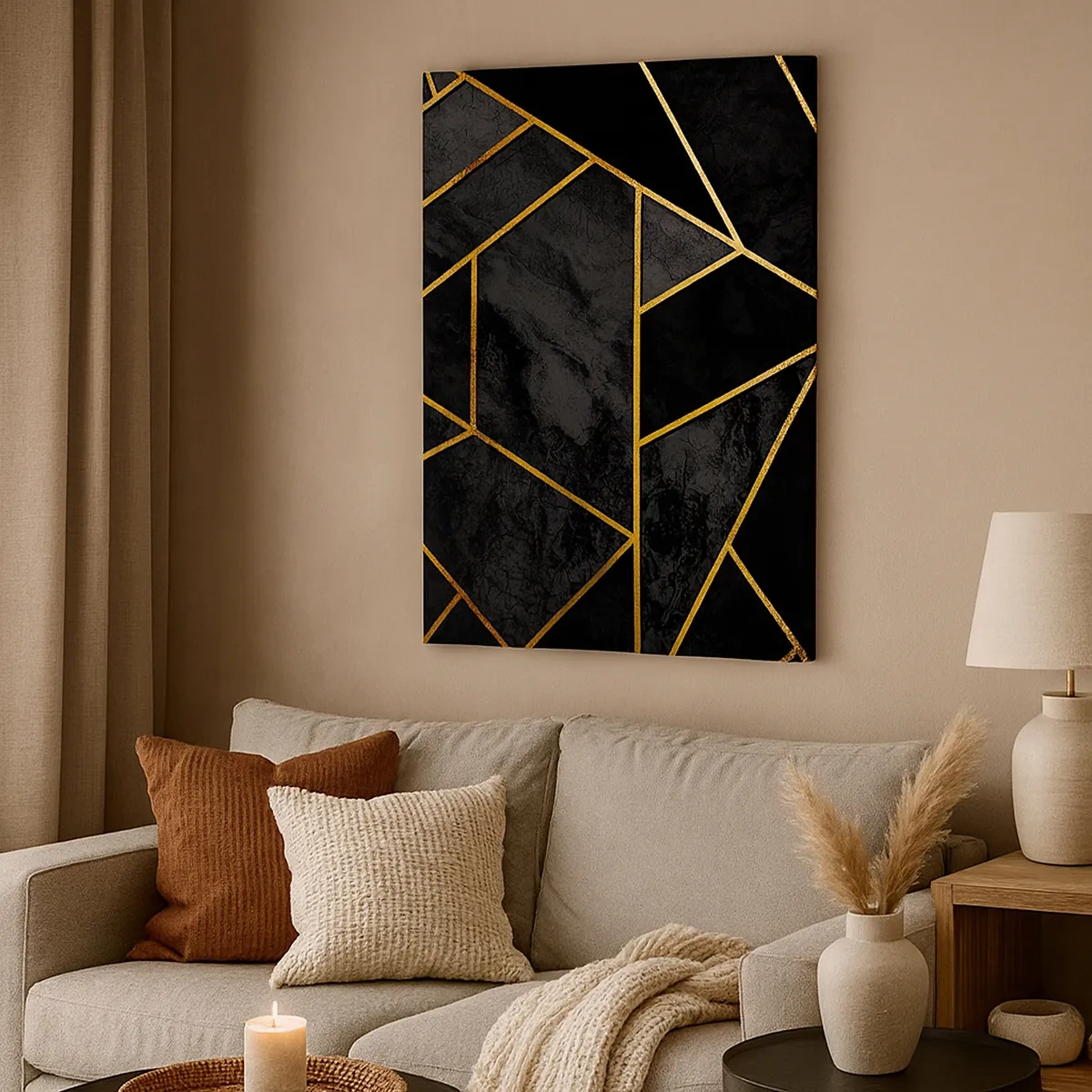 Obraz na płótnie - Geometria złotych linii na czarnym tle o fakturze marmuru - 50x70cm - Mrok i blask - Nowoczesna dekoracja ścienna do salonu, kuchni i sypialni ARTTOR