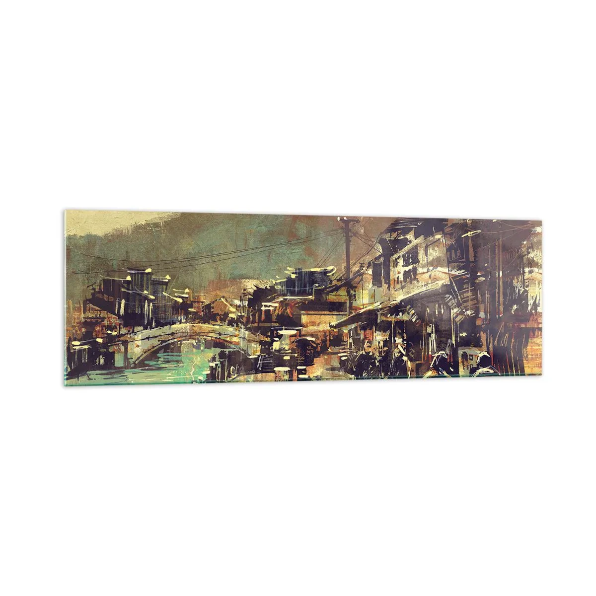 Obraz na szkle - Miasteczko z mostem i uliczkami w artystycznym stylu - 160x50cm - Życie jako bogactwo szarości - Nowoczesna dekoracja ścienna do salonu i sypialni ARTTOR