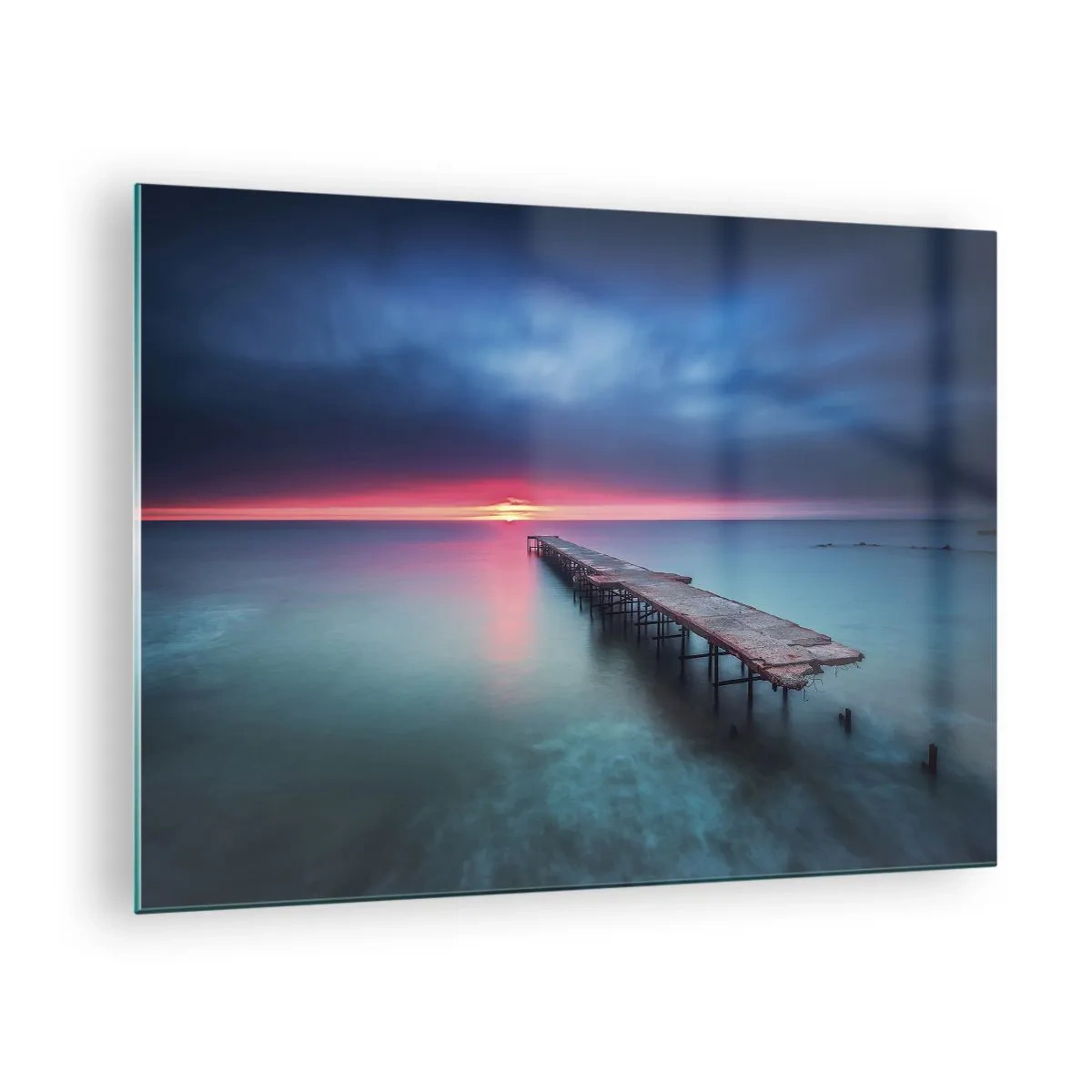 Obraz na szkle - Molo prowadzące w stronę zachodzącego słońca - 70x50cm - Między niebem a ziemią - Nowoczesna dekoracja ścienna do salonu i sypialni ARTTOR