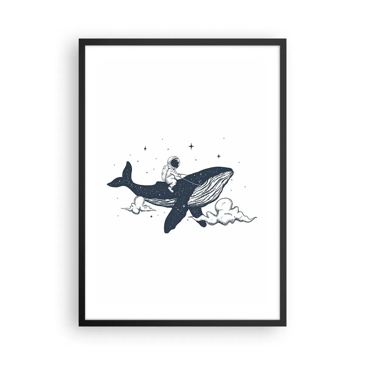 Plakat w czarnej ramie - Kolorowa ilustracja rakiety kosmicznej lecącej wśród gwiazd - 50x70cm - Kosmiczna przygoda - Nowoczesna dekoracja ścienna do salonu i sypialni ARTTOR