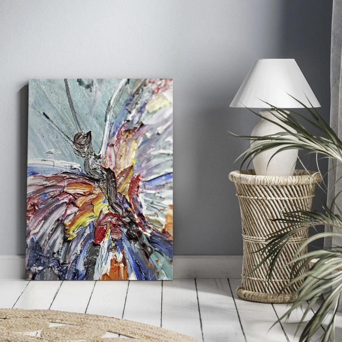 Obraz na płótnie - Kolorowy motyl w stylu impasto na pastelowym tle - 70x100cm - Pomalowany przez naturę - Nowoczesna dekoracja ścienna do salonu i sypialni ARTTOR