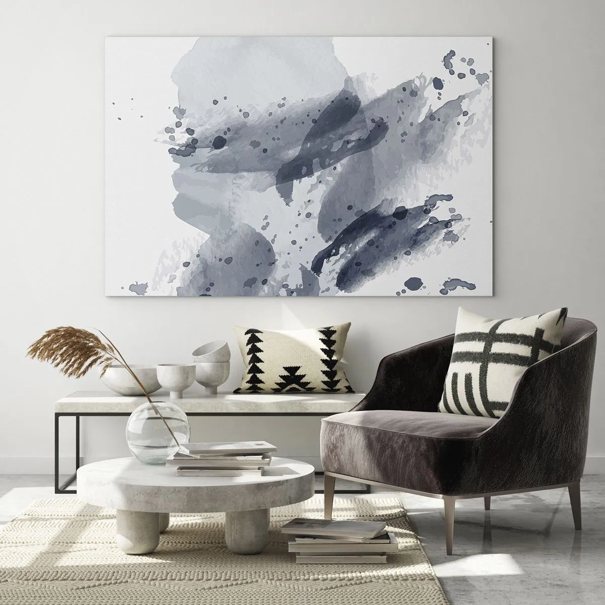 Obraz na szkle - Niebiesko-szare akwarelowe plamy przypominające ruch wody - 100x70cm - Studium natury wody - Nowoczesna dekoracja ścienna do salonu, kuchni i sypialni ARTTOR