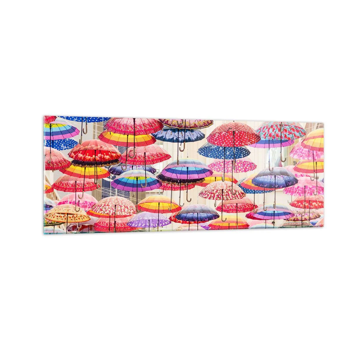 Obraz na szkle - Kolorowe parasole zawieszone w powietrzu - 140x50cm - Miejska łąka - Nowoczesna dekoracja ścienna do salonu i sypialni ARTTOR