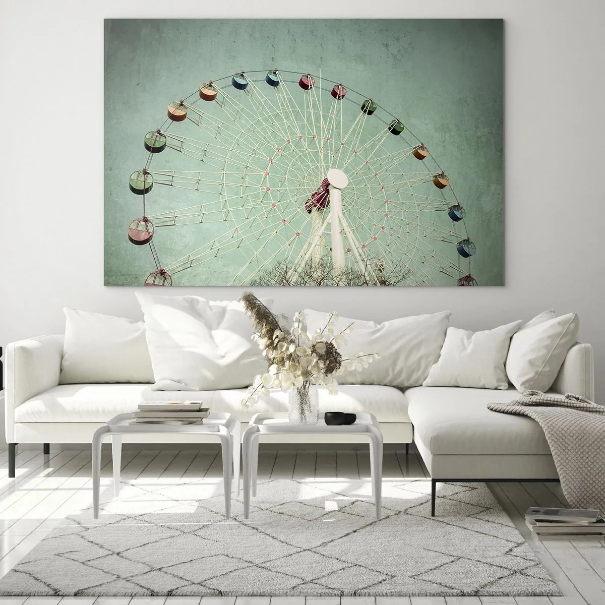 Obraz na szkle - Kolorowy diabelski młyn na tle pastelowej zieleni - 70x50cm - Zapraszamy do zabawy - Nowoczesna dekoracja ścienna do salonu i sypialni ARTTOR