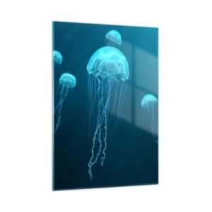 Obraz na szkle - Meduzy unoszące się w błękitnej głębi oceanu - 50x70cm - Oceaniczny taniec - Nowoczesna dekoracja ścienna do salonu, kuchni i sypialni ARTTOR