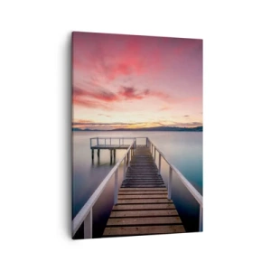 Obraz na płótnie - Drewniane molo prowadzące na jezioro o zachodzie słońca z różowym niebem - 50x70cm - Łagodny płomień wieczoru - Nowoczesna dekoracja ścienna do salonu, kuchni i sypialni ARTTOR
