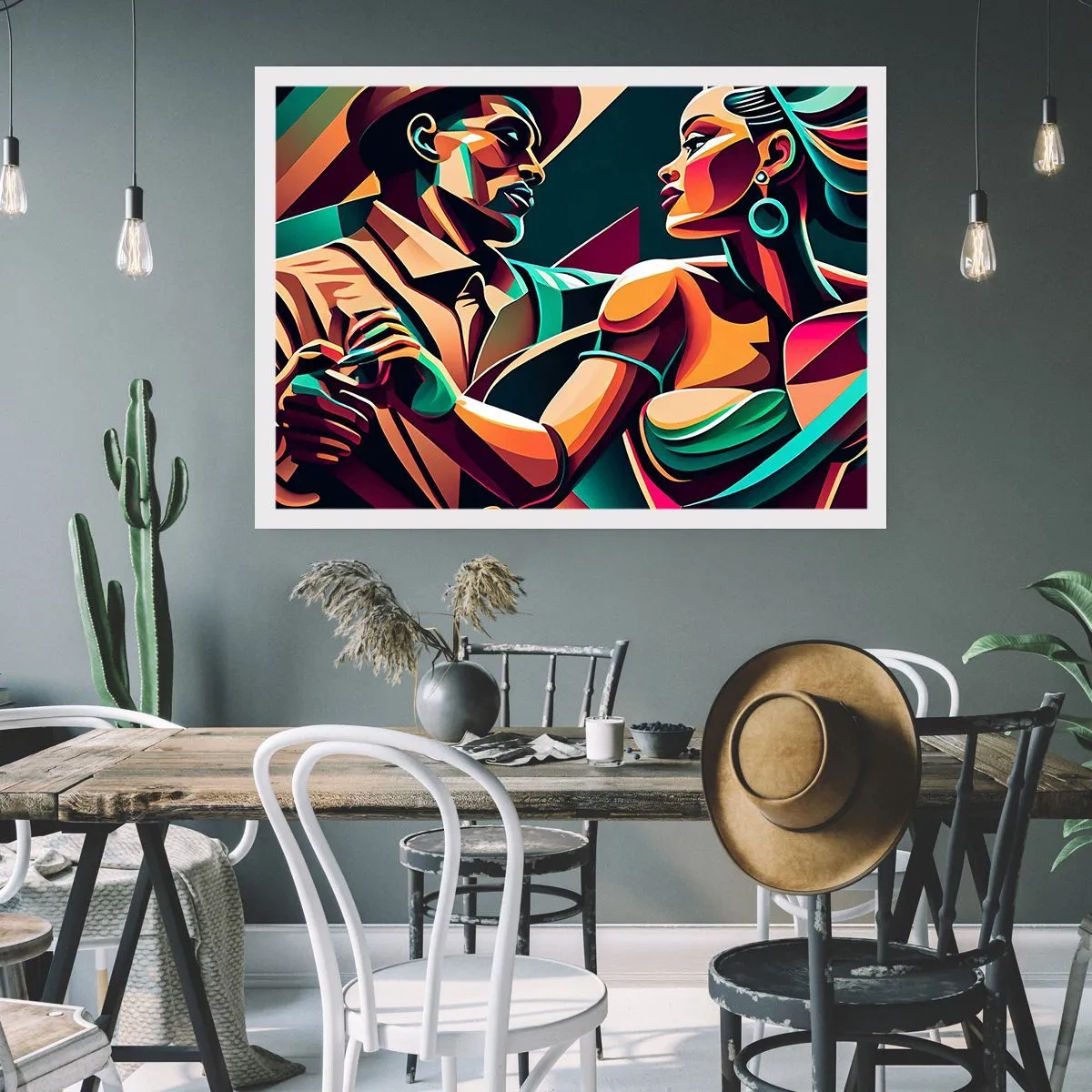 Plakat - Stylizowana para tańcząca w żywych, geometrycznych barwach - 100x70cm - W rytmie serca - Nowoczesna dekoracja ścienna do salonu i sypialni ARTTOR