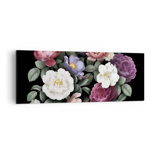 Obraz na płótnie - Kwiaty w różnorodnych kolorach na czarnym tle - 140x50cm - Z angielskiego ogrodu - Nowoczesna dekoracja ścienna do salonu i sypialni ARTTOR