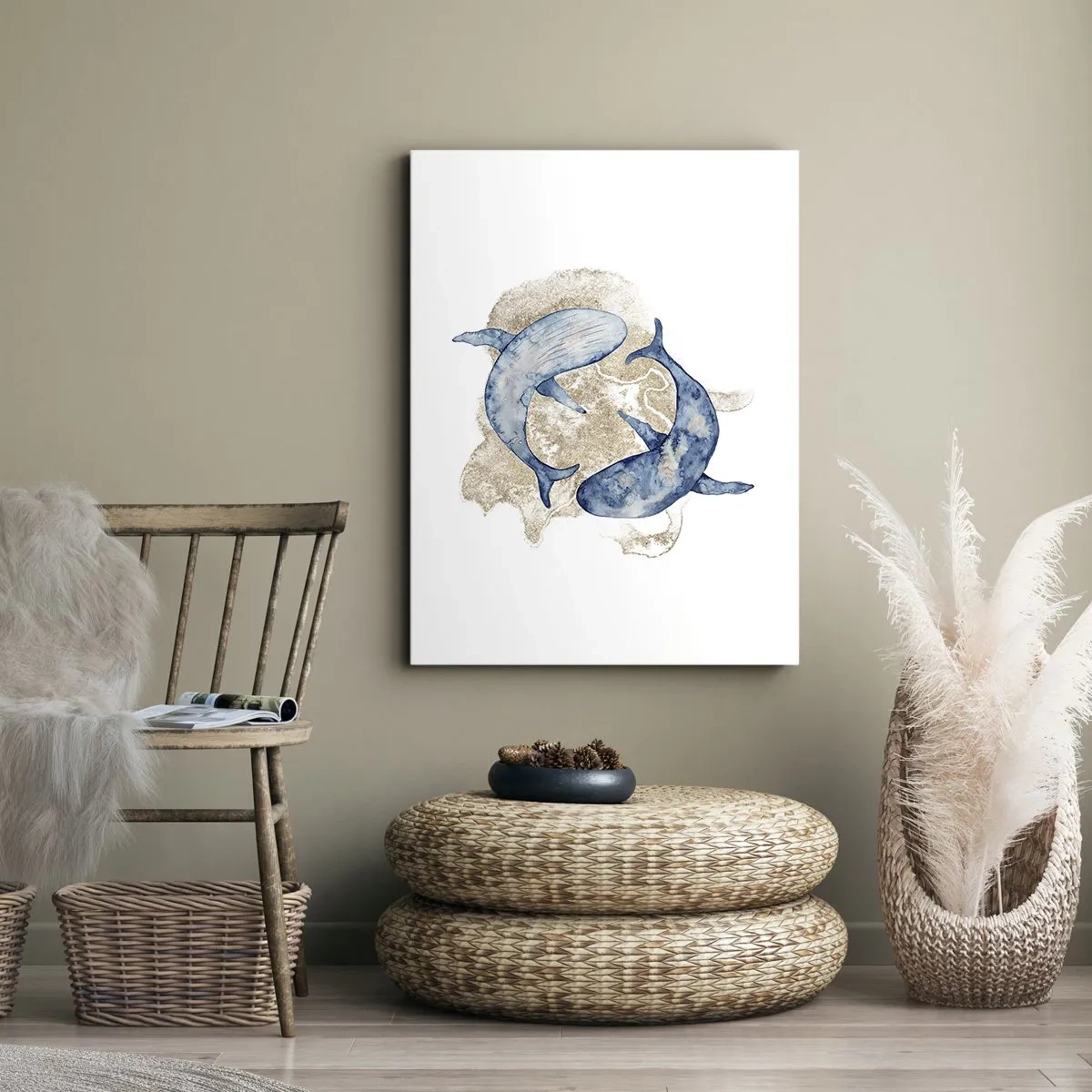 Obraz na płótnie - Dwa niebieskie wieloryby w artystycznej kompozycji - 50x70cm - Przyjaźń czy kochanie? - Nowoczesna dekoracja ścienna do salonu, kuchni i sypialni ARTTOR