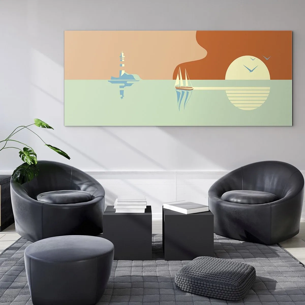 Obraz na szkle - Minimalistyczny pejzaż morski z żaglówką i zachodem słońca - 140x50cm - Morski pejzaż idealny - Nowoczesna dekoracja ścienna do salonu i sypialni ARTTOR