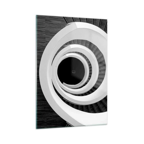 Obraz na szkle - Spiralne schody w czerni i bieli z perspektywy z góry - 50x70cm - Do istoty rzeczy - Nowoczesna dekoracja ścienna do salonu, kuchni i sypialni ARTTOR