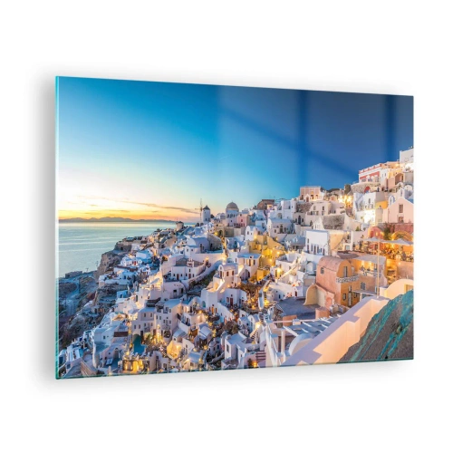 Obraz na szkle - Panorama Santorini o zachodzie słońca - 70x50cm - Esencja greckości - Nowoczesna dekoracja ścienna do salonu i sypialni ARTTOR