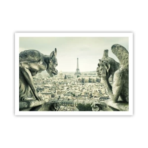 Plakat - Gargulce z widokiem na panoramę Paryża i wieżę Eiffla - 100x70cm - Paryskie pogaduchy - Nowoczesna dekoracja ścienna do salonu i sypialni ARTTOR