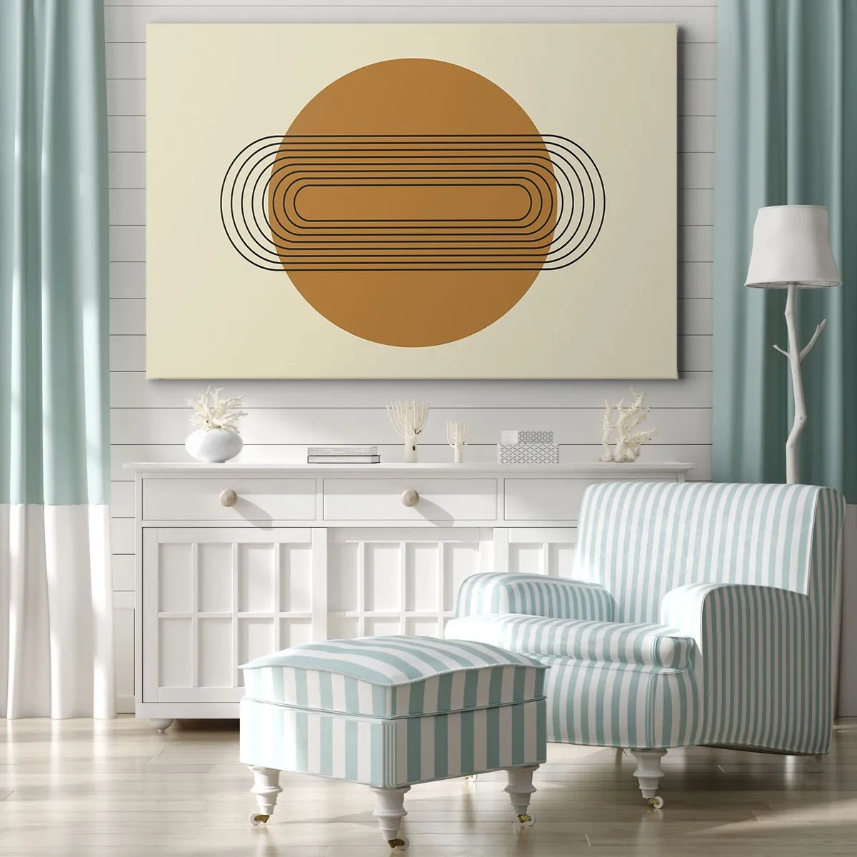 Obraz na płótnie - Geometryczny wzór z pomarańczowym kołem i liniami - 120x80cm - Plan doskonały - Nowoczesna dekoracja ścienna do salonu, kuchni i sypialni ARTTOR
