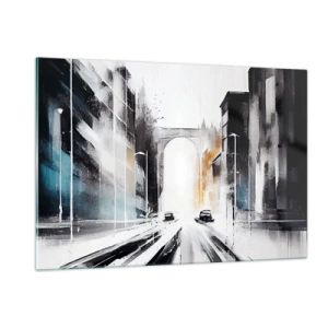Obraz na szkle - Dynamiczna miejska ulica z samochodami i łukiem w tle w malarskim stylu - 120x80cm - Studium miasta: architektura i ruch - Nowoczesna dekoracja ścienna do salonu, kuchni i sypialni ARTTOR