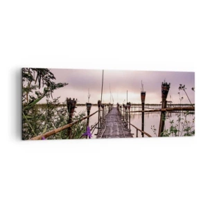 Obraz na płótnie - Bambusowy most na wodzie o świcie - 140x50cm - Spokój i cisza Azji - Nowoczesna dekoracja ścienna do salonu i sypialni ARTTOR