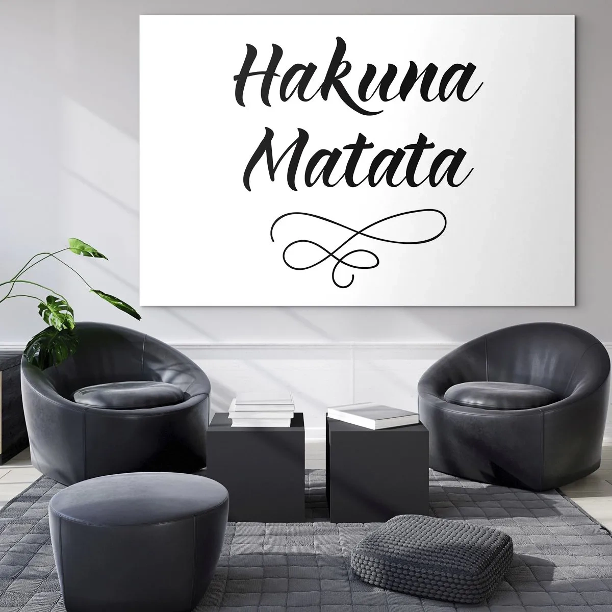 Obraz na szkle - Napis Hakuna Matata z ozdobnym akcentem na białym tle - 70x50cm - Najlepsza rada - Nowoczesna dekoracja ścienna do salonu i sypialni ARTTOR