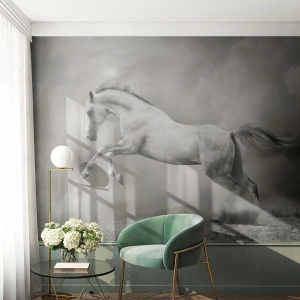 Fototapeta Premium Canvas - Biały koń w dynamicznym skoku na tle mglistych chmur - 100x70cm - Między jawą a snem - Nowoczesna dekoracja ścienna do salonu i sypialni ARTTOR