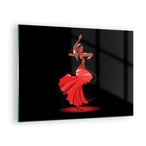 Obraz na szkle - Tancerka flamenco w czerwonej sukni na czarnym tle - 70x50cm - Ognisty duch flamenco - Nowoczesna dekoracja ścienna do salonu i sypialni ARTTOR