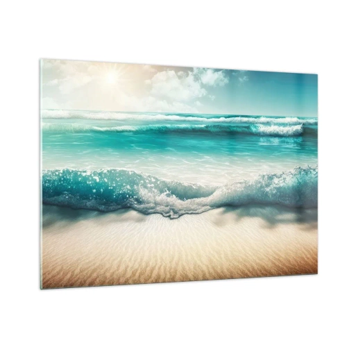 Obraz na szkle - Turkusowe fale oceanu uderzające o piaszczystą plażę - 100x70cm - Spokój oceanu - Nowoczesna dekoracja ścienna do salonu, kuchni i sypialni ARTTOR