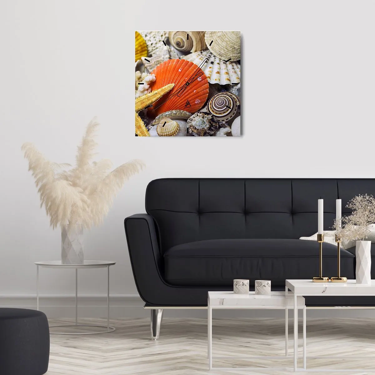 Zegar ścienny - Muszle i rozgwiazda w kompozycji morskiej - 30x30cm - Skarby oceanu - Nowoczesna dekoracja ścienna do salonu i sypialni ARTTOR