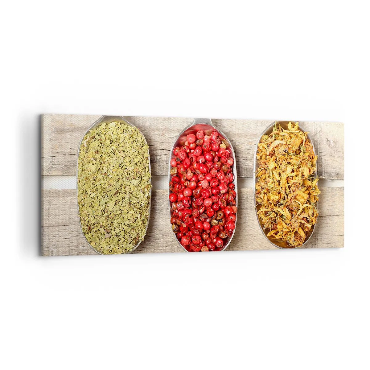 Obraz na płótnie - Trzy metalowe łyżki z przyprawami na drewnianym tle - 120x50cm - Kuchenna magia - Nowoczesna dekoracja ścienna do salonu i sypialni ARTTOR