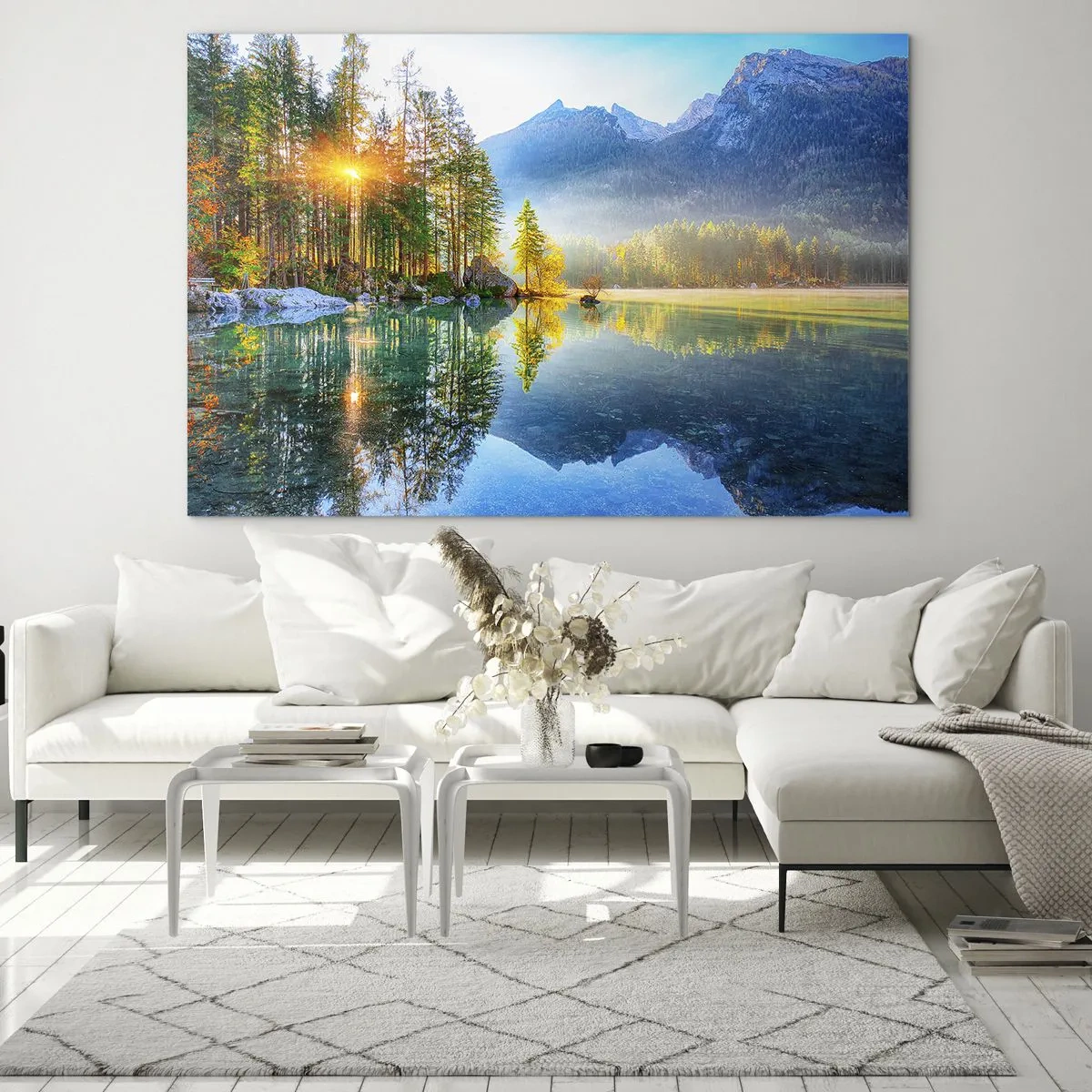 Obraz na szkle - Górski krajobraz z jeziorem i porannym słońcem - 70x50cm - Majestat i słodycz - Nowoczesna dekoracja ścienna do salonu i sypialni ARTTOR